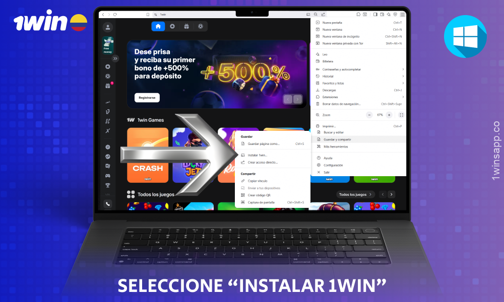 Seleccione instalar 1win para descargar la aplicación para Windows