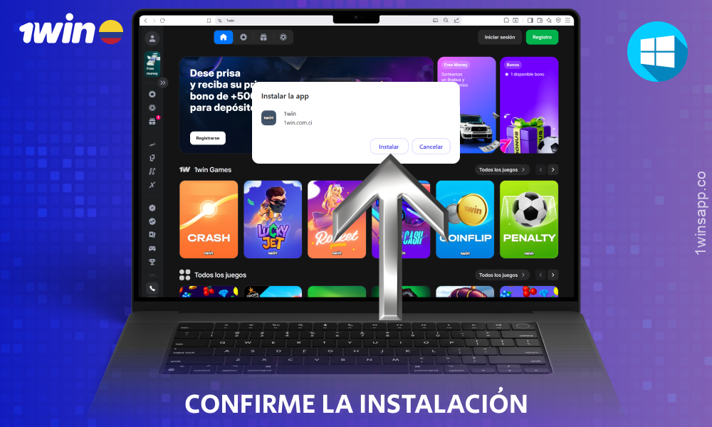 Confirme la instalación de la aplicación 1win para Windows