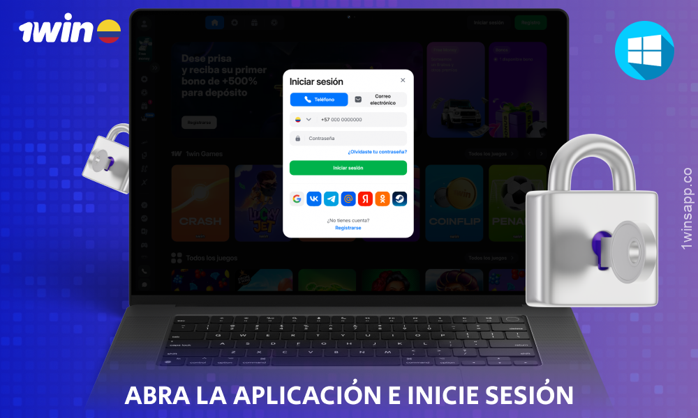 Inicie la aplicación 1win para Windows e inicie sesión en su cuenta para realizar apuestas deportivas y jugar en el casino